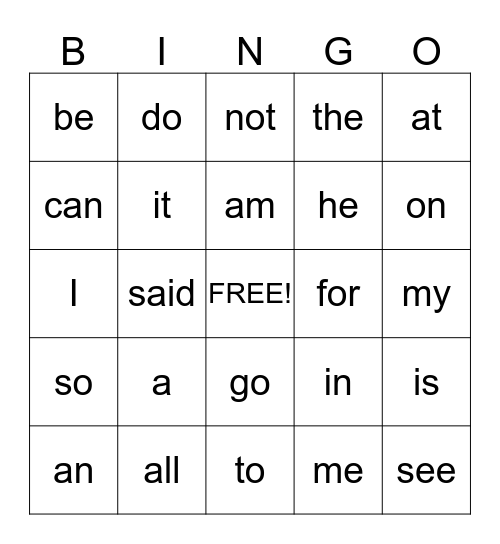 Sight Word Bingo  Bingo Card