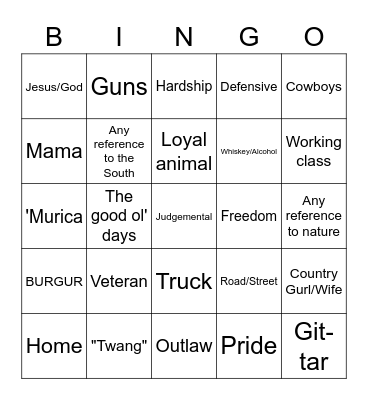 Country Bingo Card