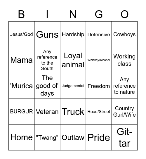 Country Bingo Card