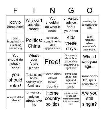 Family gathering Bingo Card