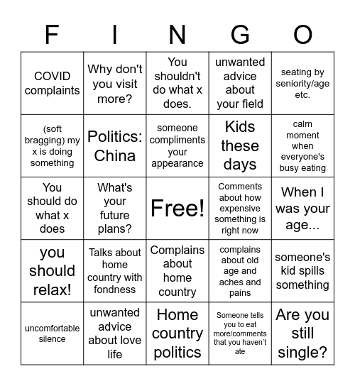 Family gathering Bingo Card