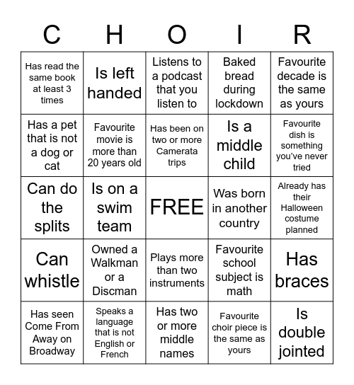 Choir Camp Bingo! Bingo Card