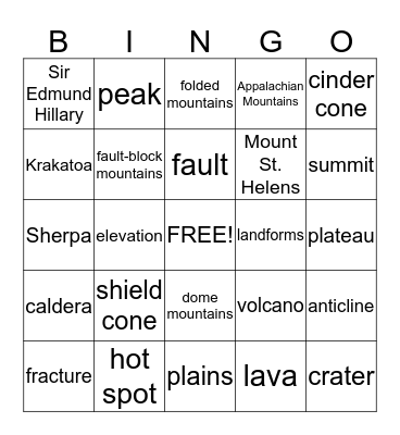 Building Up Earth-Mountains and Volcanoes BINGO Card