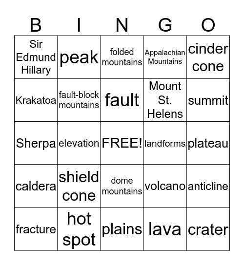 Building Up Earth-Mountains and Volcanoes BINGO Card