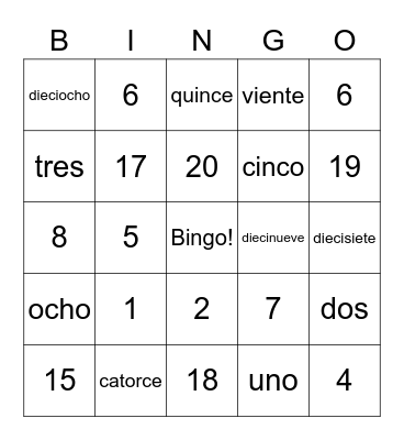 Spanish 9: number 1 to 20 Bingo Card