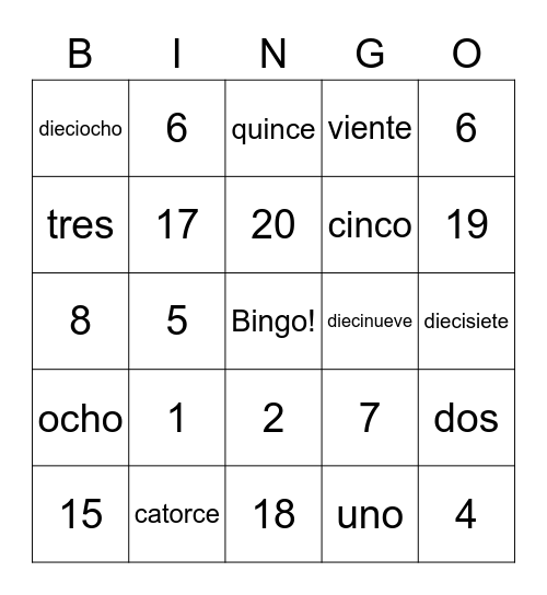 Spanish 9: number 1 to 20 Bingo Card