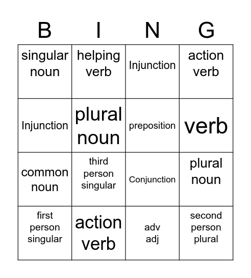 Parts of speech Bingo Card