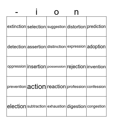 Adding /shun/ to base words Bingo Card