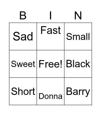 Opposites Bingo Card