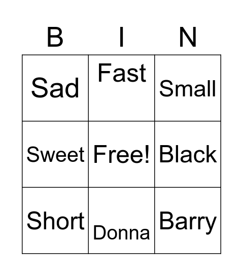 Opposites Bingo Card