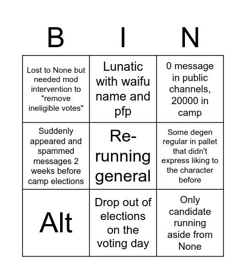 Camp Generals candidate Bingo Card