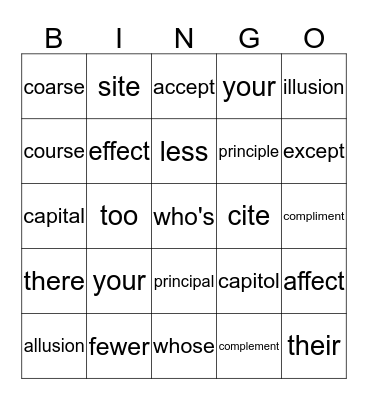 Commonly Confused Words Bingo Card