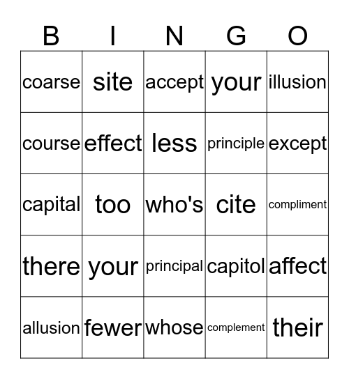 Commonly Confused Words Bingo Card