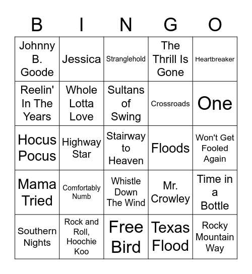 Guitar Hits Bingo Card
