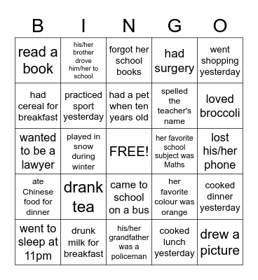 People Bingo - Past Tense Bingo Card