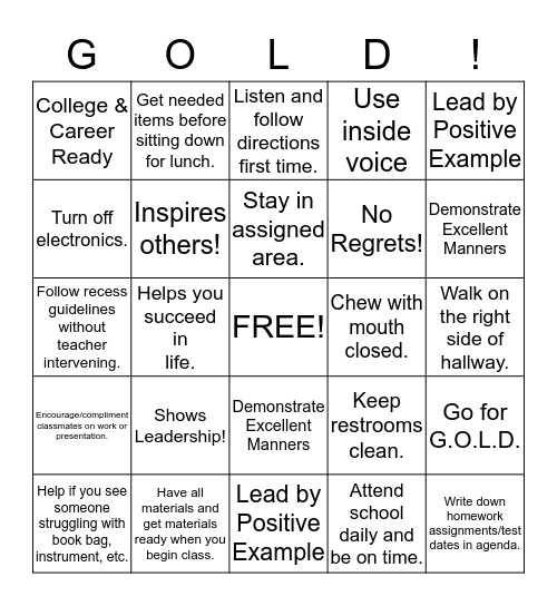 G.O.L.D. Bingo Card