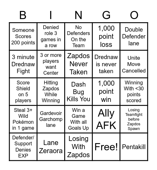 Pokémon Unite Bingo Card