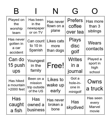 Thrive Young Adults Fun Fact Bingo Card