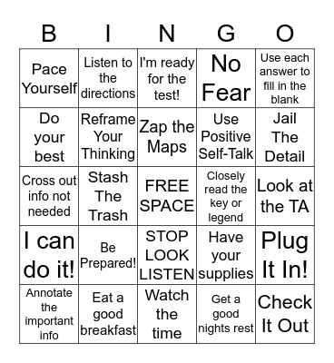 Test Taking Bingo Card