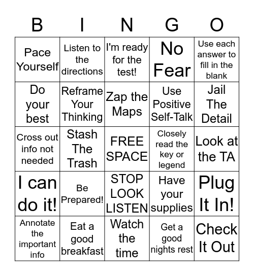 Test Taking Bingo Card