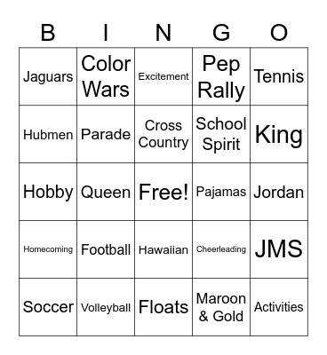 Homecoming Bingo Card