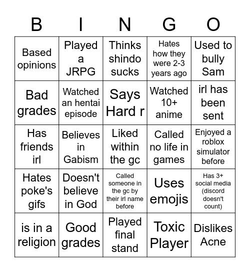 Reworked GC bingo Card