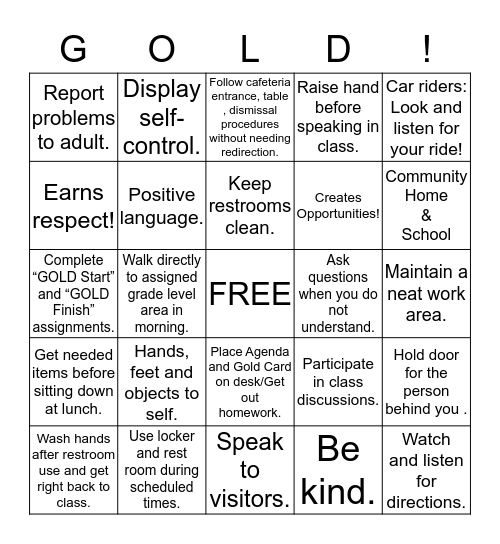 !   G.O.L.D.  ! Bingo Card
