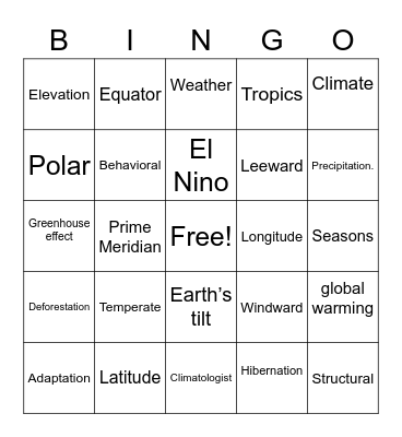 Climate Bingo Card