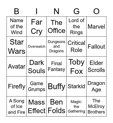 Fandoms Bingo Card