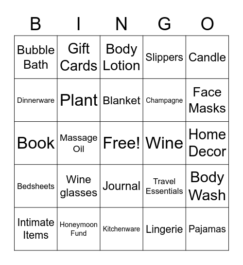Bridal Shower Bingo! Bingo Card