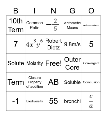 Sci-Math 2021 Bingo Card