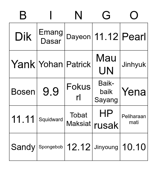 Yohan Bingo Card