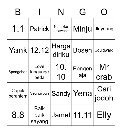 Yena Bingo Card