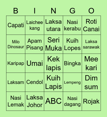 Malaysia Food Bingo Card