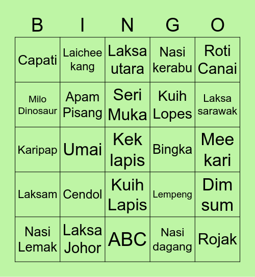 Malaysia Food Bingo Card