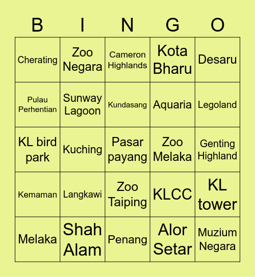 Holidays in Malaysia Bingo Card