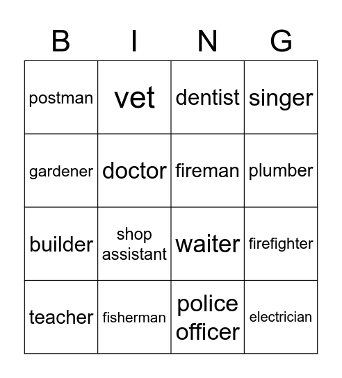 Professions Bingo Card