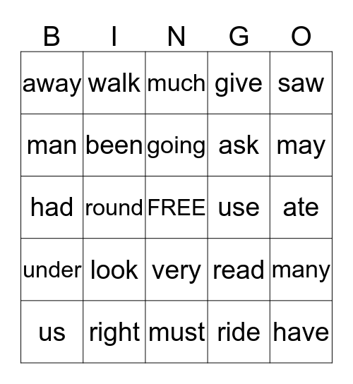 Sight Word BIngo Card