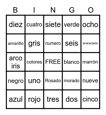 Spanish Numeros Y Colores Bingo Card