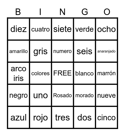 Spanish Numeros Y Colores Bingo Card
