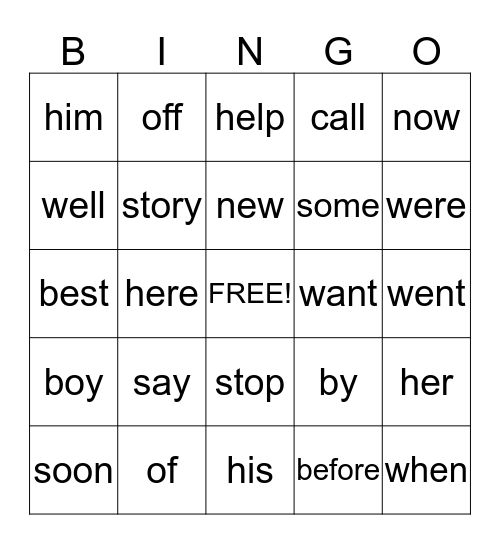 Sight Word Bingo Card