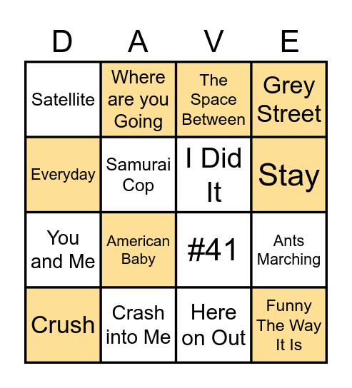 Dave Matthews Bingo Card