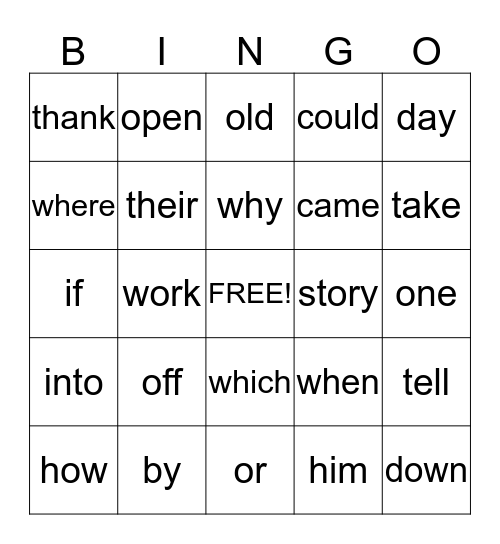 Sight Word Bingo Card