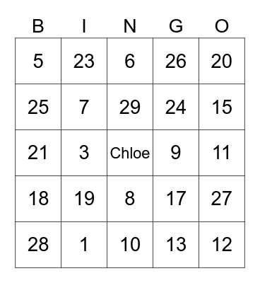 Chloe's Birthday Party Bingo Card