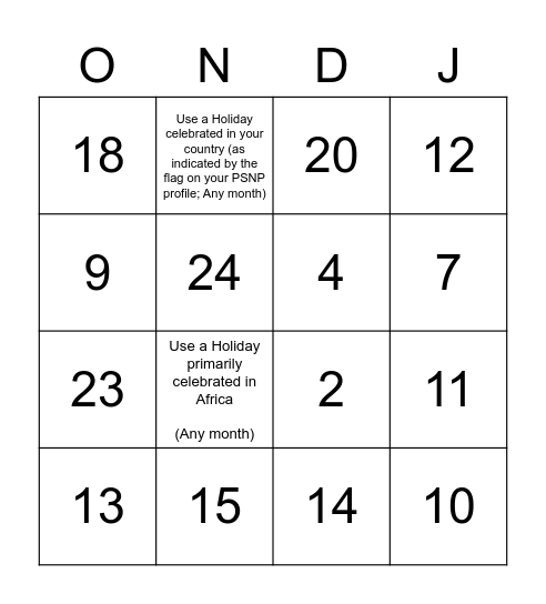 Holiday Connect 4 Bingo Card