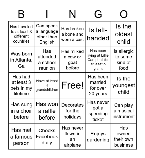 'Get to Know You' Bingo Card