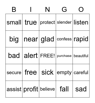 Synonyms Bingo Card