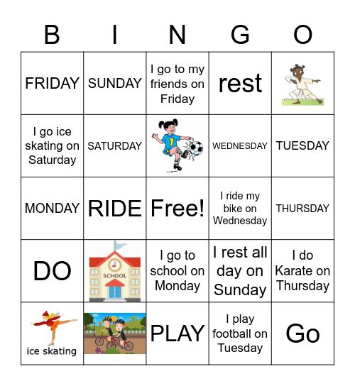 Days of the week Bingo Card