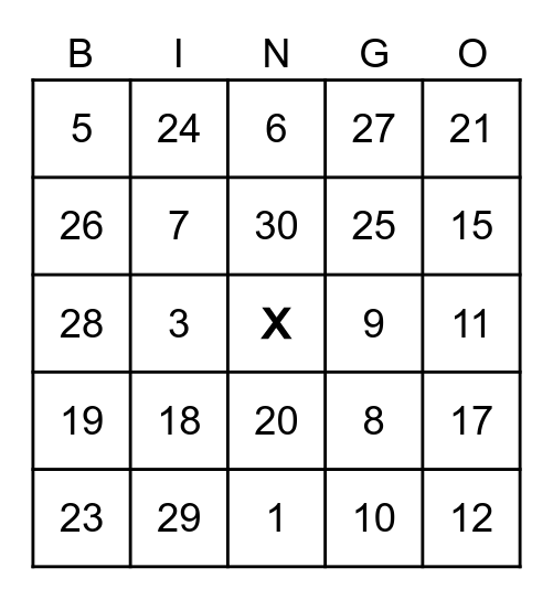 Les nombres 1-31 Bingo Card