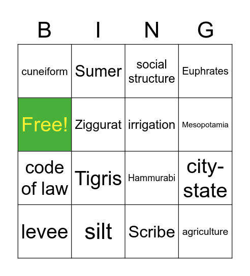 Unit 2 Mesopotamia Vocabulary Bingo Card